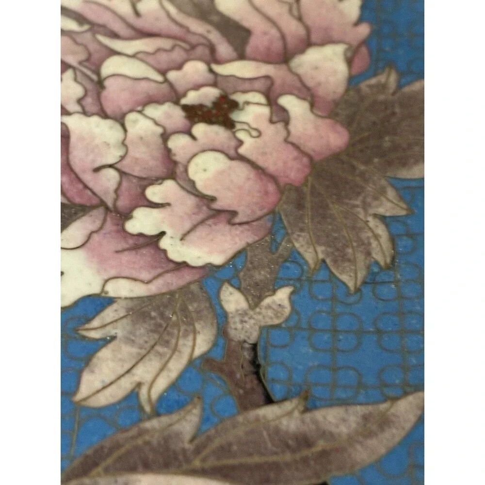 Blue Pink Flower Cloisonne Brass Enamel Hand Painted Plate Vintage Chinese